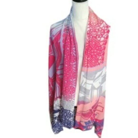 Beautifull Navy Blue, Pink, Gray & Tan Scarf with Fringe - Picture 4 of 5